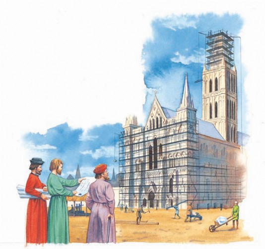 Nobles oversee the construction of a cathedral.
