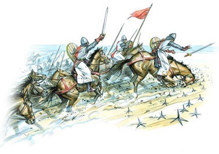 An advance by knights during the 100 Years' War