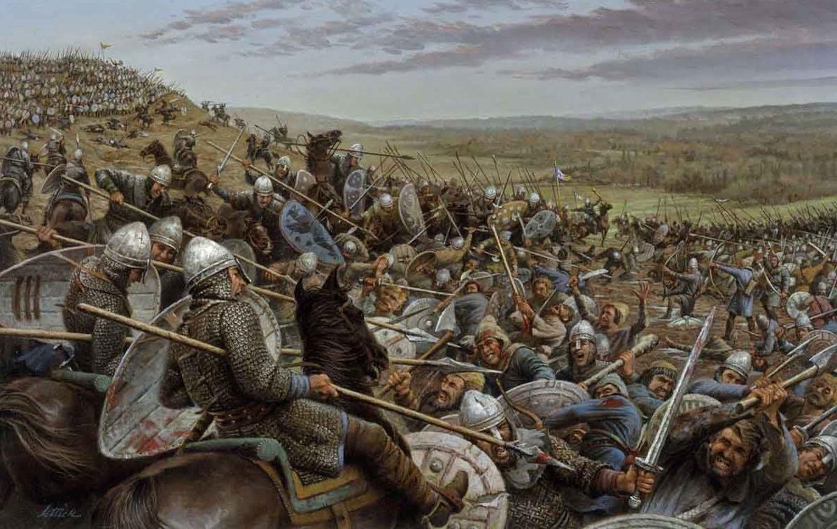 Fighting between the Norman cavalry (left) and English infantry (right) at the Battle of Hastings