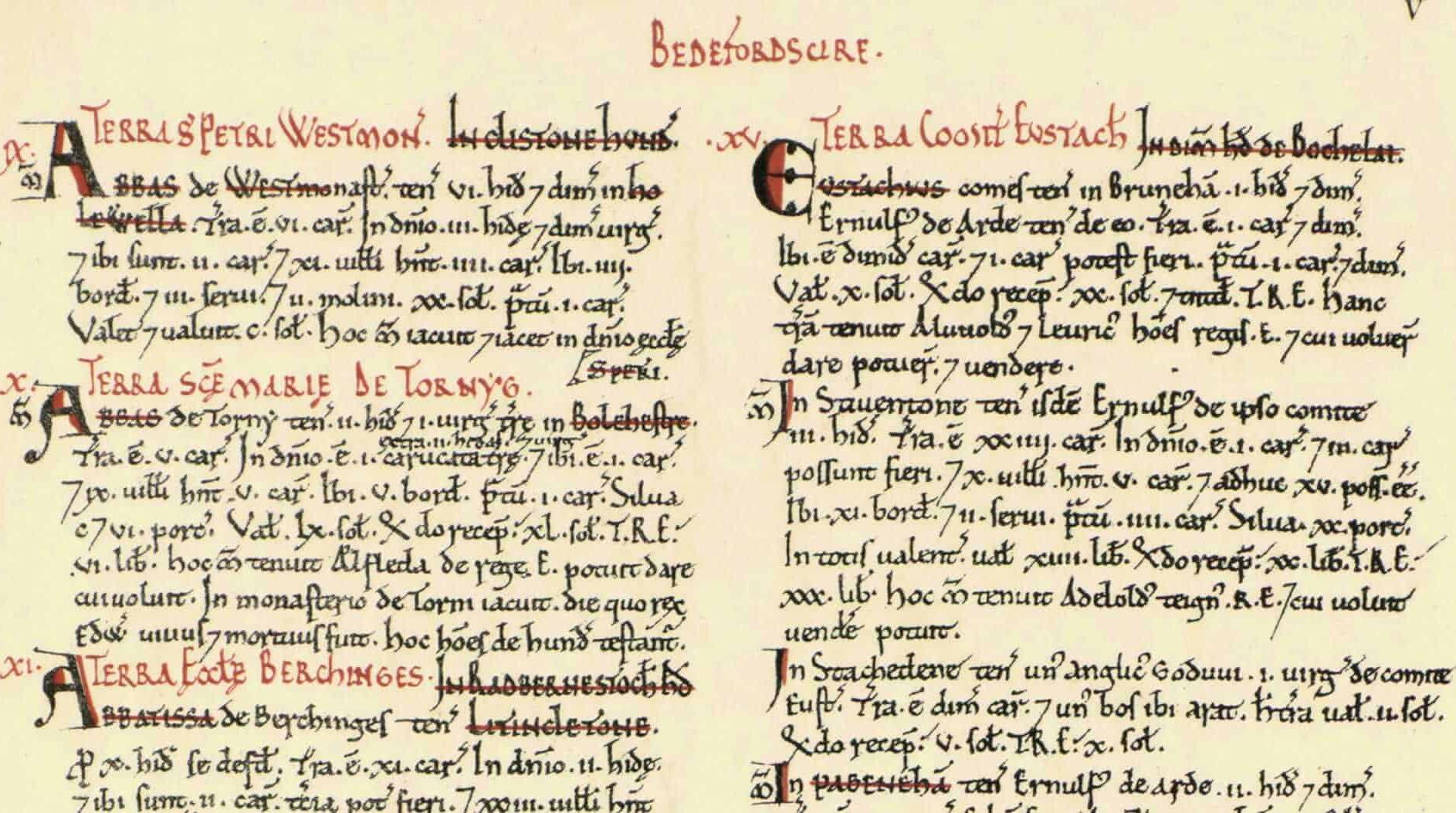 Extract from the Domesday Book, documenting Bedfordshire