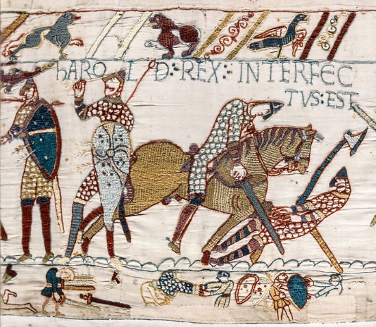 Scene from the Bayeux Tapestry depicting the death of Harold