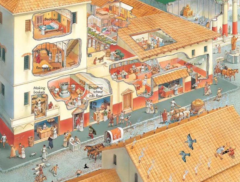 Cutaway illustration of apartments in a Roman town