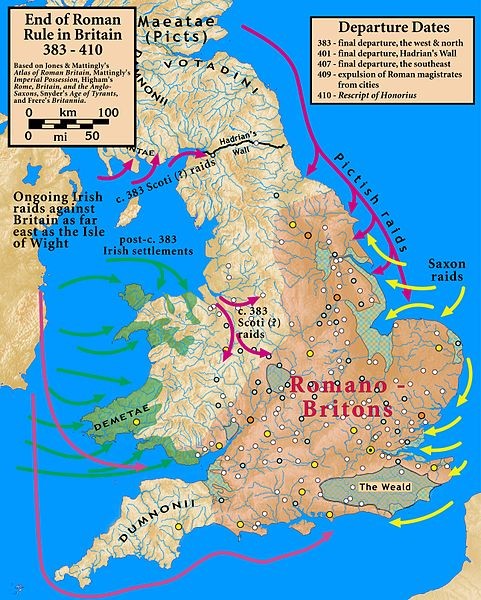 A map showing the end of Roman rule in Britain