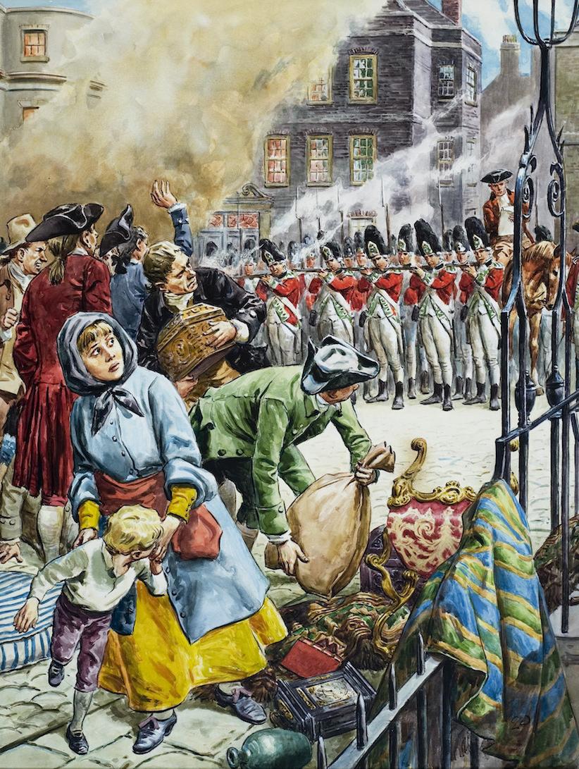 The army fire on looters during the Gordon Riots, 7th June 1780.
