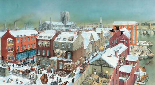 A Victorian street scene showing rich and poor