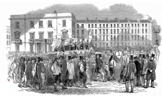 A print showing Chartists protesting in London, 1848