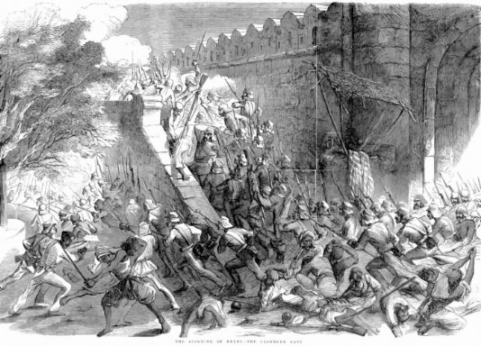 Indian sepoys charge during the mutiny of 1857–8.