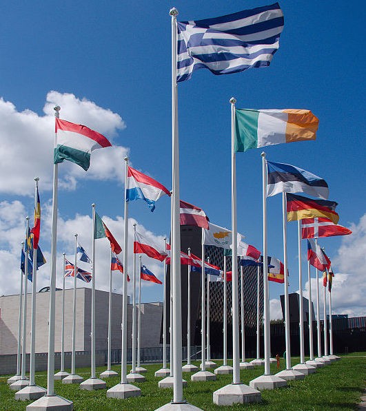 Flags of EU members—including that of the UK