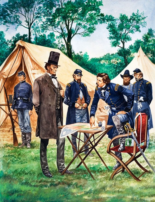 Lincoln discusses tactics with his army commanders.