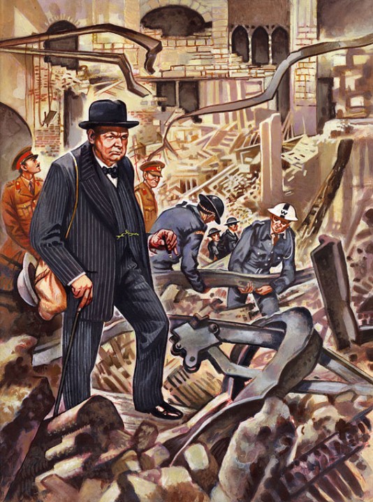 Churchill examines bomb damage, 1940.