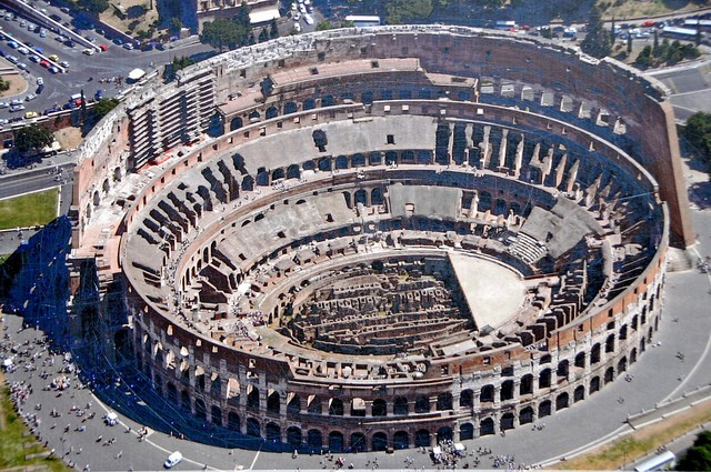 An aerial view of the Colosseum today