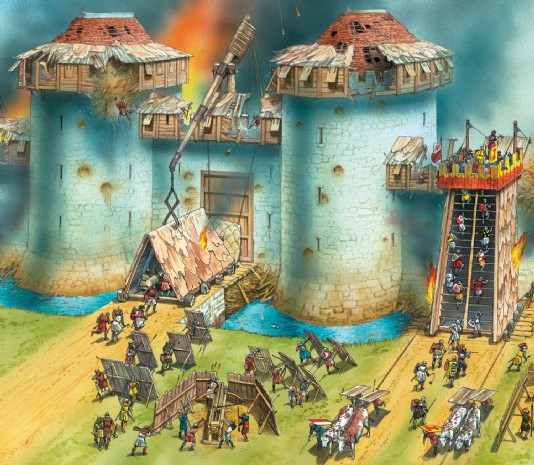 Castle defenders combat the battering ram.