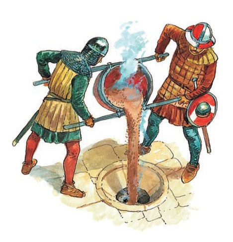 Pouring hot sand through a murder hole
