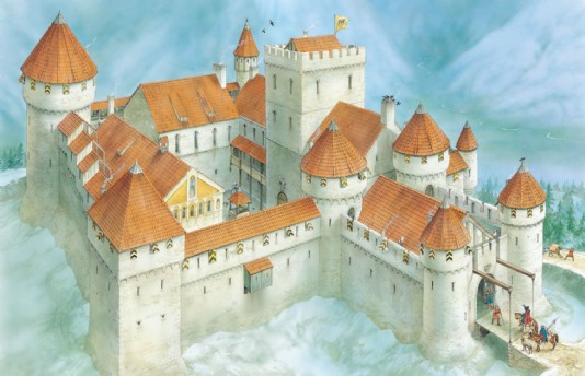 Rounded, projecting towers