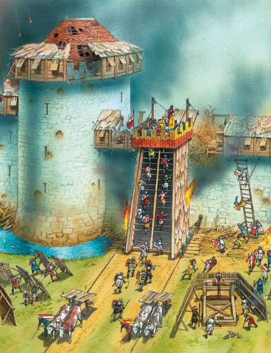 A siege tower is pulled up to the walls.
