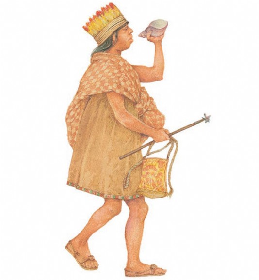 A chasqui blows his conch trumpet.