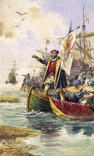 Vasco da Gama about to set ashore at Calicut, 1498