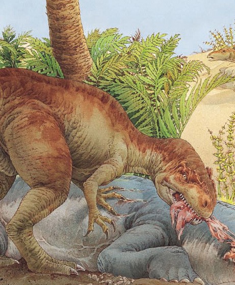 Allosaurus feeds hungrily on its kill of Camarasaurus