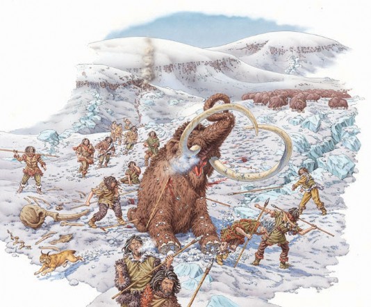 Hunters bring down a woolly mammoth