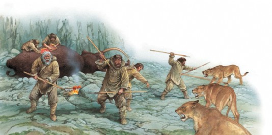 Hunters ward off a pack of cave lions.