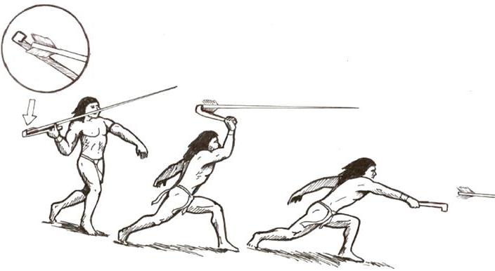 A Native American throws a spear using an atlatl