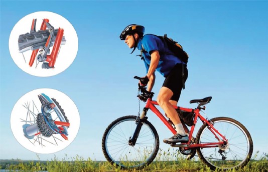 Cyclist; insets show brakes (top) and gears (above)