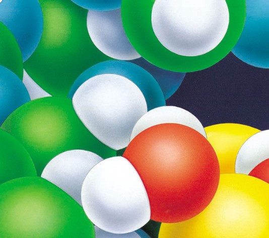 Atoms are shown here as coloured balls.