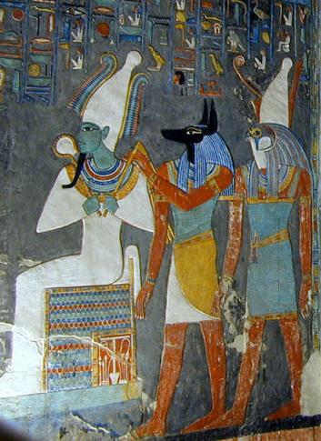 Painting of the gods Osiris (left), Anubis and Horus