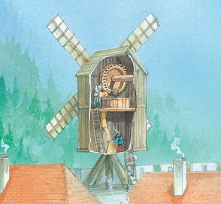 A cutaway illustration of a windmill