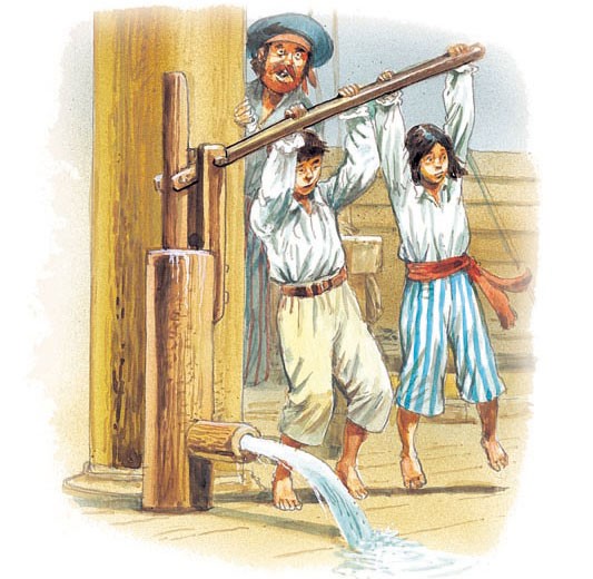 Ship's boys pump out the bilges.
