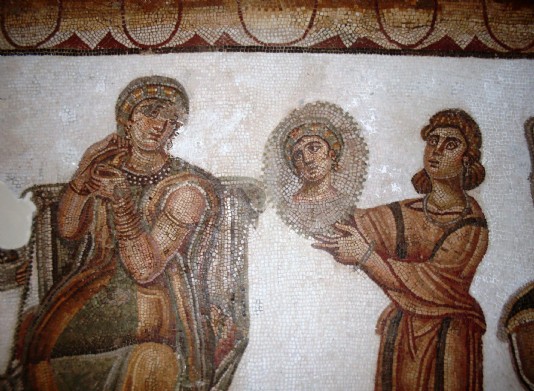 Mosaic showing a patrician woman and her slave