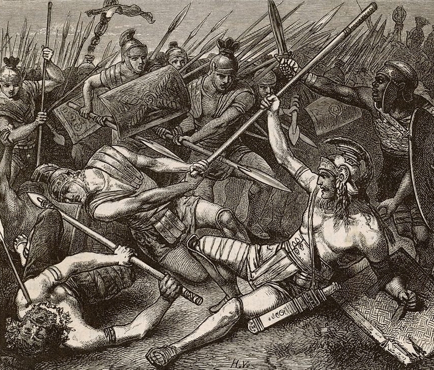 Spartacus is killed by Roman legionaries.
