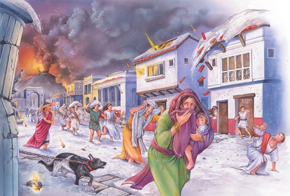 Pompeii residents flee after Vesuvius erupts, AD 79.