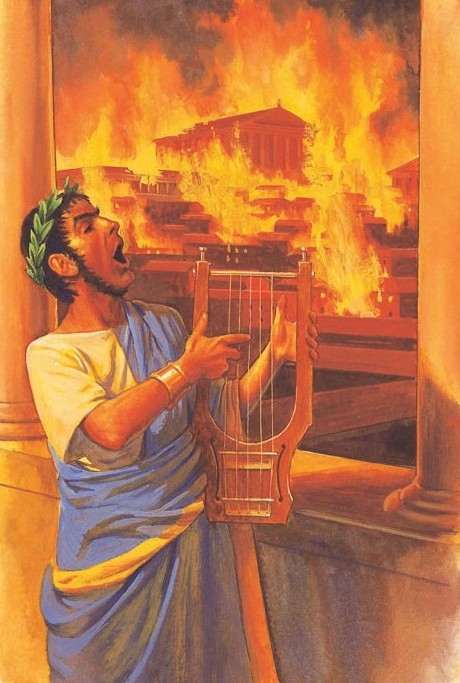 Emperor Nero plays his lyre while Rome burns, AD 64.