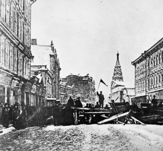 Protesters build a barricade in St Petersburg, 1905.