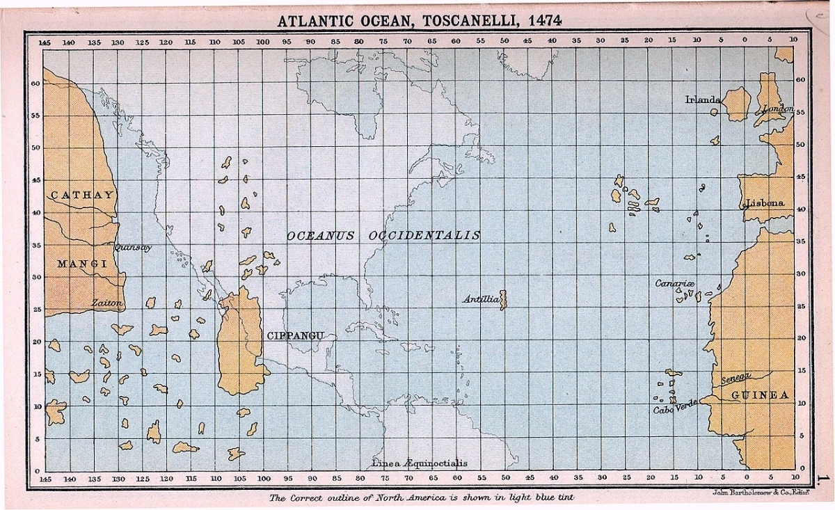 Toscanelli's map of the Atlantic, followed by Columbus