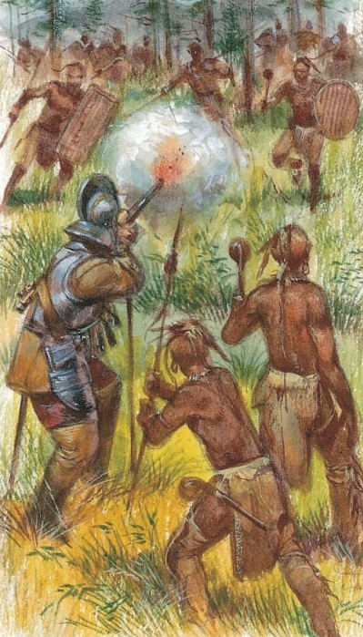 Samuel de Champlain fights alongside the Hurons.