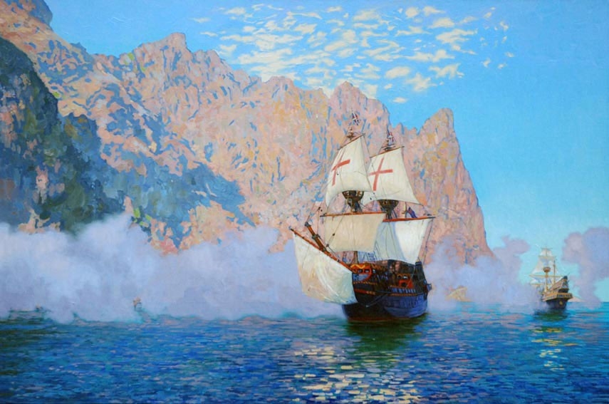Drake sails up the coast of California in 1579.