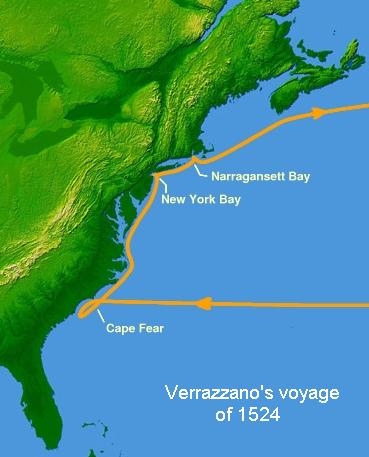 A map showing da Verrazzano's voyage in 1524