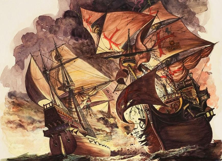 An English ship (left) attacks a galleon, part of the mighty Spanish Armada.