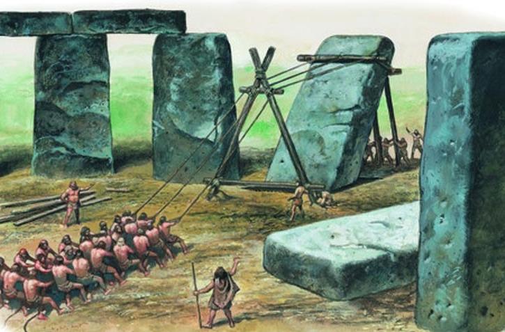 Teams of workers haul a standing stone into place at Stonehenge.
