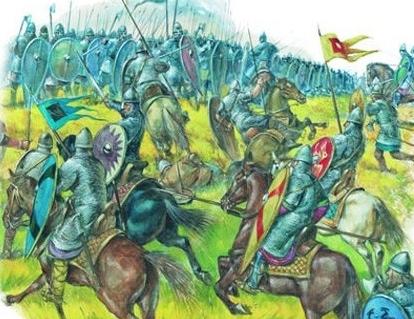 Norman horsemen mount an attack at the Battle of Hastings.