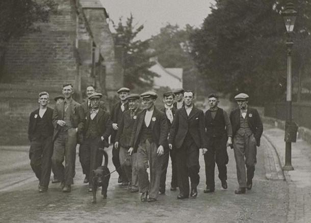 Unemployed workers from Jarrow in the northeast of England march to London to protest against their lack of work, 1936