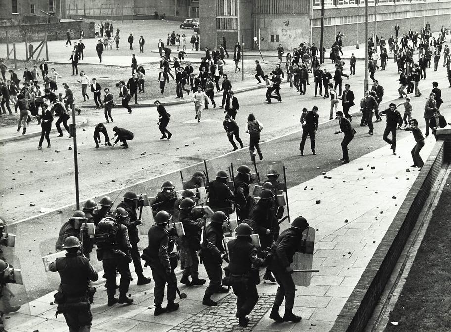 British soldiers confront rioters in Derry, April 1971, during the Troubles