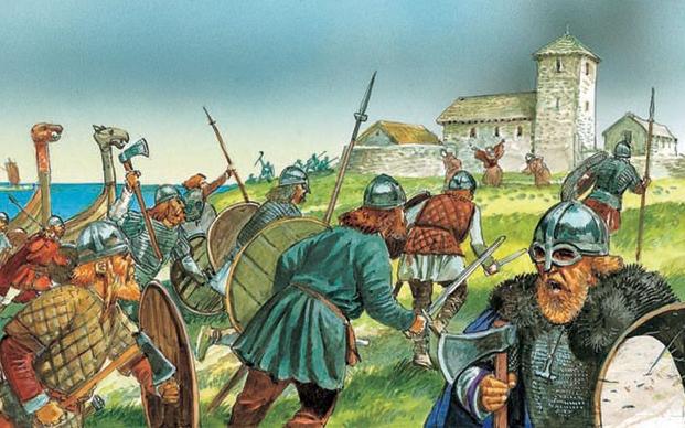 Viking raiders sack the monastery of Lindisfarne in 793.