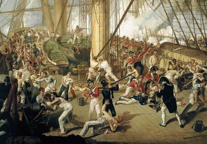 Admiral Horatio Nelson falls to the deck of HMS Victory during the Battle of Trafalgar, 21st October 1805.