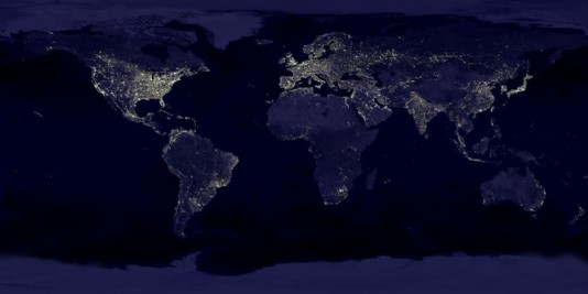 Cities and densely populated areas lit up at night
