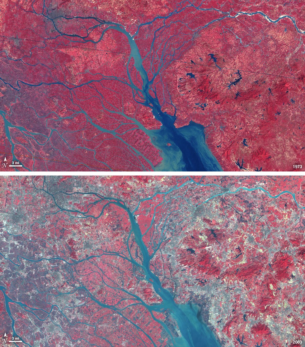 China's Pearl River Delta, 1973 (top) and 2003 (above)