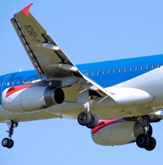 A view of an airliner's wings as it comes in to land