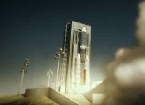 A rocket blasts off, carrying a space probe.